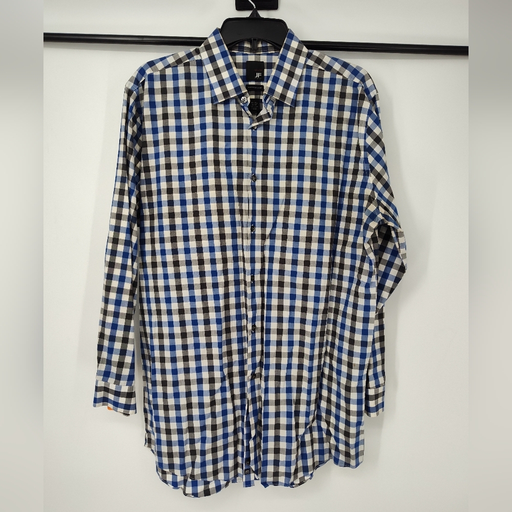 jf j.ferrar Slim Fit Blue, Black and White Checked Button-Down Shirt Size Large